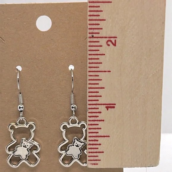Bear Holding A Stuff Teddy Bear Charm Dangle Earrings - Picture 2 of 2